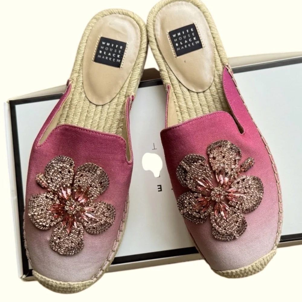 White House Black Market Pink Ombre Jewelled Espadrille Mules Slides